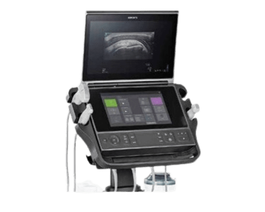 Advanced ultrasound device showing real-time diagnostic scan with multiple probes attached